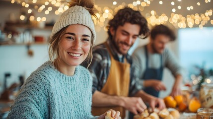 Woman wearing a blue sweater and a man wearing an apron are preparing food together. The atmosphere is warm and inviting, with the woman smiling and the man looking focused on his task