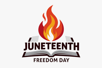 Vector badge featuring a bright flame and open book symbolizing Juneteenth Freedom Day.
