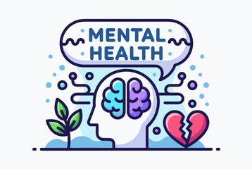 Colorful vector illustration depicting mental health with brain graphic, broken heart, and growing plant symbols.

