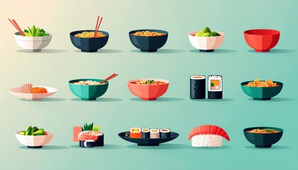 Asian food bowls with rice noodles and sushi, suitable for menus, food blogs, and cultural articles about asian cuisine.