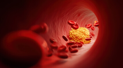An illustration of blood cells and a cholesterol plaque inside a blood vessel, depicting cardiovascular health.