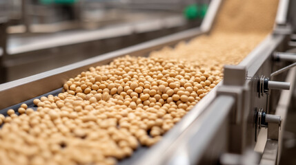 Close-up image of soybeans on a production conveyor belt in a modern processing facility.