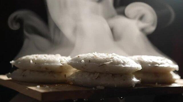 Freshly steamed hot South Indian idli rice cakes on a wooden board with rising steam.
