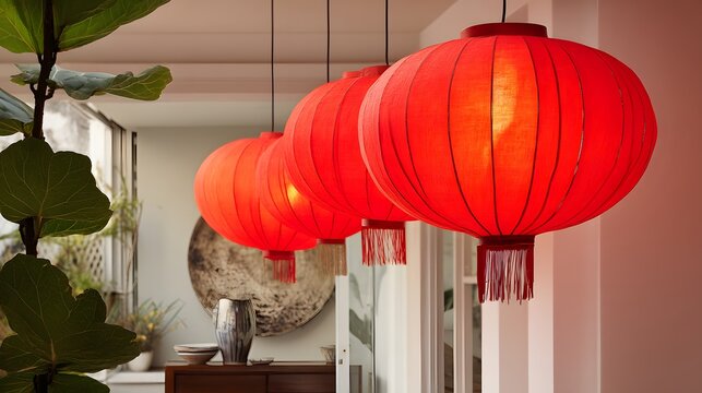 Three red lanterns hanging from the ceiling, one of which is lit. The room has a warm and inviting atmosphere