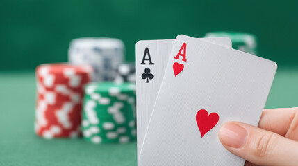 Close-up of two aces in poker hand, surrounded by colorful chips, illustrating high-stakes gameplay.