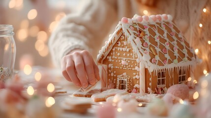 Person is decorating a gingerbread house with icing and candy. The house is covered in icing and has a lot of candy on it