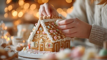 Woman is decorating a gingerbread house with icing and candy. The house is covered in white icing and has a pink roof. The woman is using her hands to add the icing and candy to the house