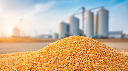 Close-up of golden grain pile with storage silos in the background illustrating agricultural production.