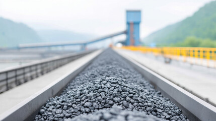 Close-up view of a conveyor belt transporting coal, showcasing modern industrial processes in a mountainous setting.