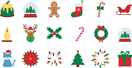 vA cheerful vector collection of eighteen traditional Christmas and holiday icons, including decorations, food, gifts, Santa's sleigh, and a gingerbread man, perfect for festive designs