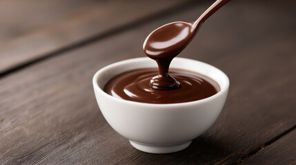 Delicious and rich chocolate sauce poured from a spoon into a bowl, perfect for desserts and treats.
