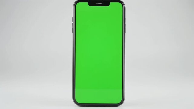 Mobile phone with a blank green screen on white, perfect for app and tech demonstrations