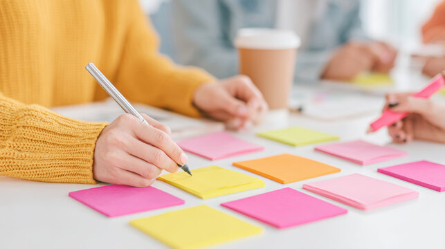 Creative brainstorming session with colorful sticky notes and hands writing ideas at a modern workspace.