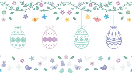 Whimsical easter egg garland with hanging decorations and a decorative border of flowers butterflies and bunnies in pastel colors