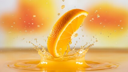 Fresh orange slice plunging into juice creating a splash