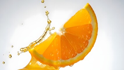 Orange slice with juice splash against a white background for refreshment