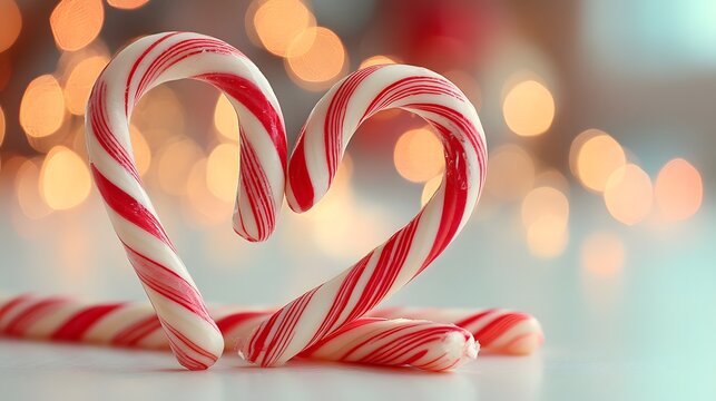Heart made out of candy canes. The candy canes are red and white and are arranged in a way that they form a heart shape. The image has a festive and playful mood - Powered by Adobe