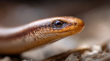 Fototapeta premium Close up of a slow worm head showing detailed scales and eye in a natural outdoor setting
