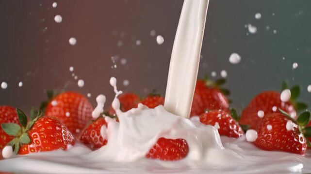 Fresh Strawberries and Cream Splash in Slow Motion, a Deliciously Refreshing Treat