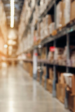 Vertical Horizon Warehouse background storage inventory shelf with freight container aisle space. Vertical supply lot shelf cardboard store box pallet. Commercial package Aisle storehouse inventory