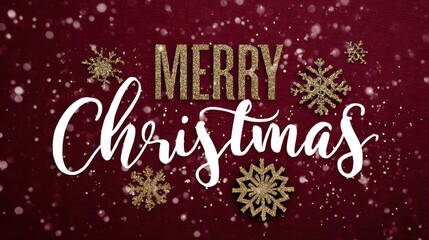 Merry christmas greeting card with golden glitter text and snowflakes on red