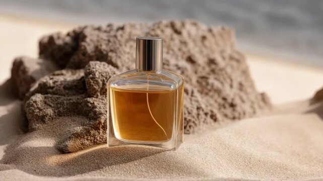 Luxurious perfume bottle on sand with natural rocks and soft background