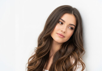 Fototapeta premium Beautiful young woman with long wavy brunette hair looking to the side on white background.