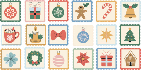 Set of colorful Christmas advent calendar vector stamps featuring holiday gifts, trees, and festive ornaments.