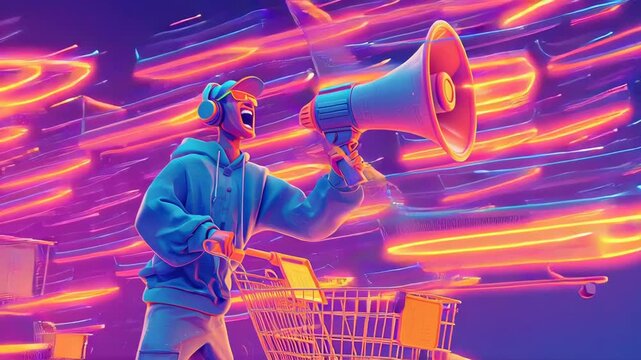 Loud Influencer Megaphone Sound Wave Shopping Animation