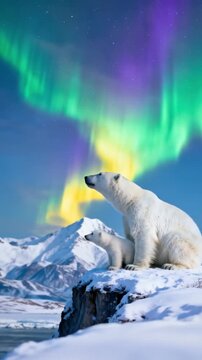 A majestic adult polar bear and its adorable cub sit together on a snowy cliff edge, gazing upwards in wonder at the vibrant aurora borealis. The night sky above is illuminated with stunning green, ye