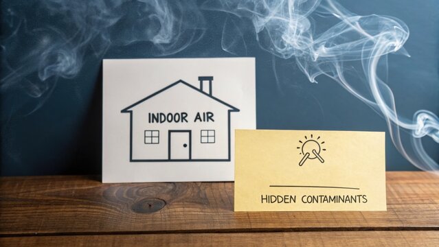 Indoor Air Pollution Concept with smoky overlay and symbols