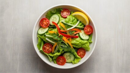 Fresh and colorful garden salad with tomatoes cucumbers and lemon slice