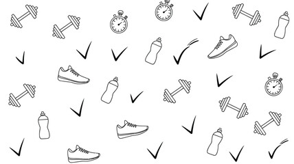 Seamless pattern of hand drawn fitness icons including dumbbells sneakers water bottles stopwatches and checkmarks