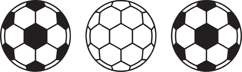 Fototapeta premium Soccer ball icon set. Football outline and solid designs for sports graphics, team logos, athletic equipment, and game illustrations.