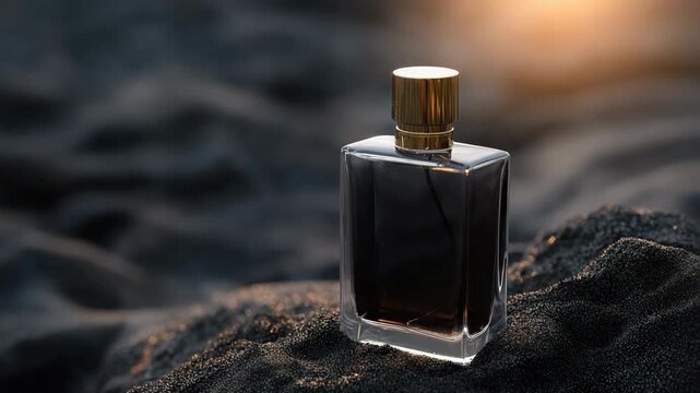 Luxury perfume bottle on sandy beach at sunset reflecting warm golden light