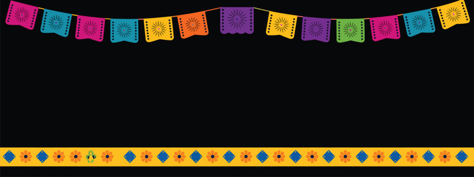 Hispanic Heritage Month and Cinco de Mayo Fiesta Background Featuring Papel Picado Festive Flags and Decorative Frame in a Horizontal Vector Illustration with Copy Space