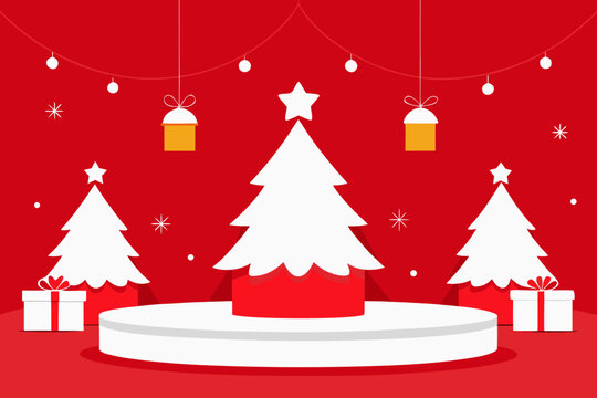 Festive christmas scene with white trees and red gifts on a vibrant red background - Powered by Adobe