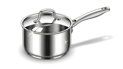 Shiny stainless steel saucepan with lid on white background for cooking