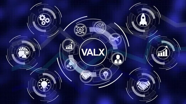 VALX digital network infographic with interconnected icons and futuristic blue grid background VALX