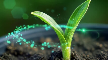Green plant sprout growing in fertile soil with a futuristic digital interface for smart agriculture and biotechnology - Powered by Adobe