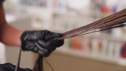 creating clean hair sections for coloring process, professional hairstylist carefully dividing hair for dye application, expert stylist using gloves to section brown hair with meticulous care