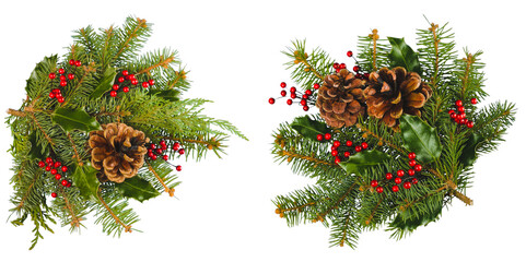 two christmas pine cone tree branch with pine cones and holly berries isolated on transparent background