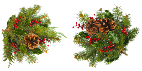 two christmas pine cone tree branch with pine cones and holly berries isolated on transparent background
