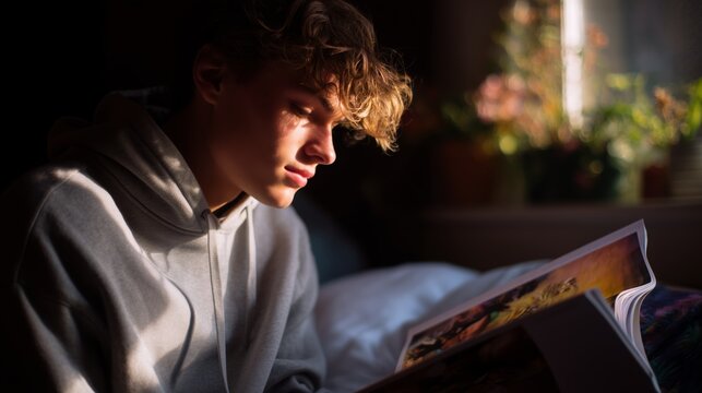 Young person enjoying a book in soft light by the window during afternoon hours - Powered by Adobe