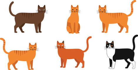 Flat Design Vector Set of Six Domestic Cats Featuring Different Breeds and Colors, Ideal for Simple Graphics, Infographics, and Website Icons