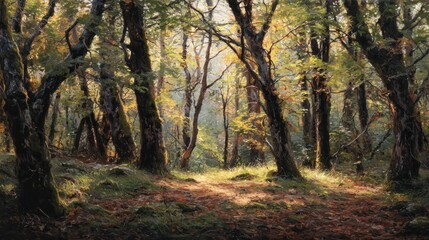 Fototapeta premium Sunlight filtering through forest trees