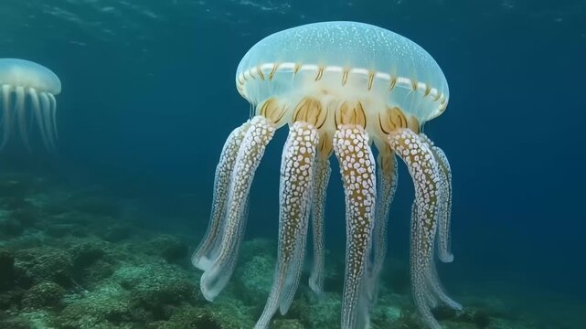 jellyfish with long wavy legs, jellyfish with lengthy, wavy tentacles swims gracefully