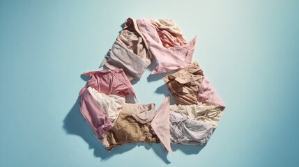 Creative Display of Recycled Fabrics Forming a Symbolic Recycling Logo with Pastel Hues for Sustainable Fashion Awareness