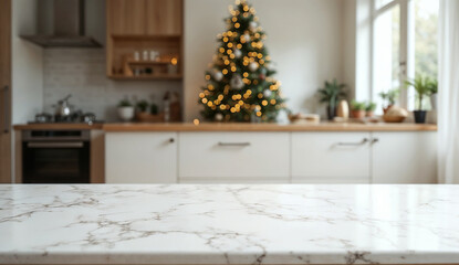 Empty white marble table with Christmas tree in kitchen background