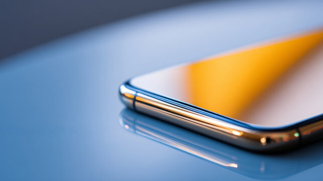 A close up of a shiny, modern smartphone on top of blue surface with reflection and blurred background